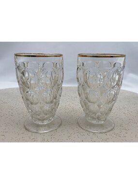 Pair of vintage glasses, Jeannette thumbprint footed tumblers, gold rim